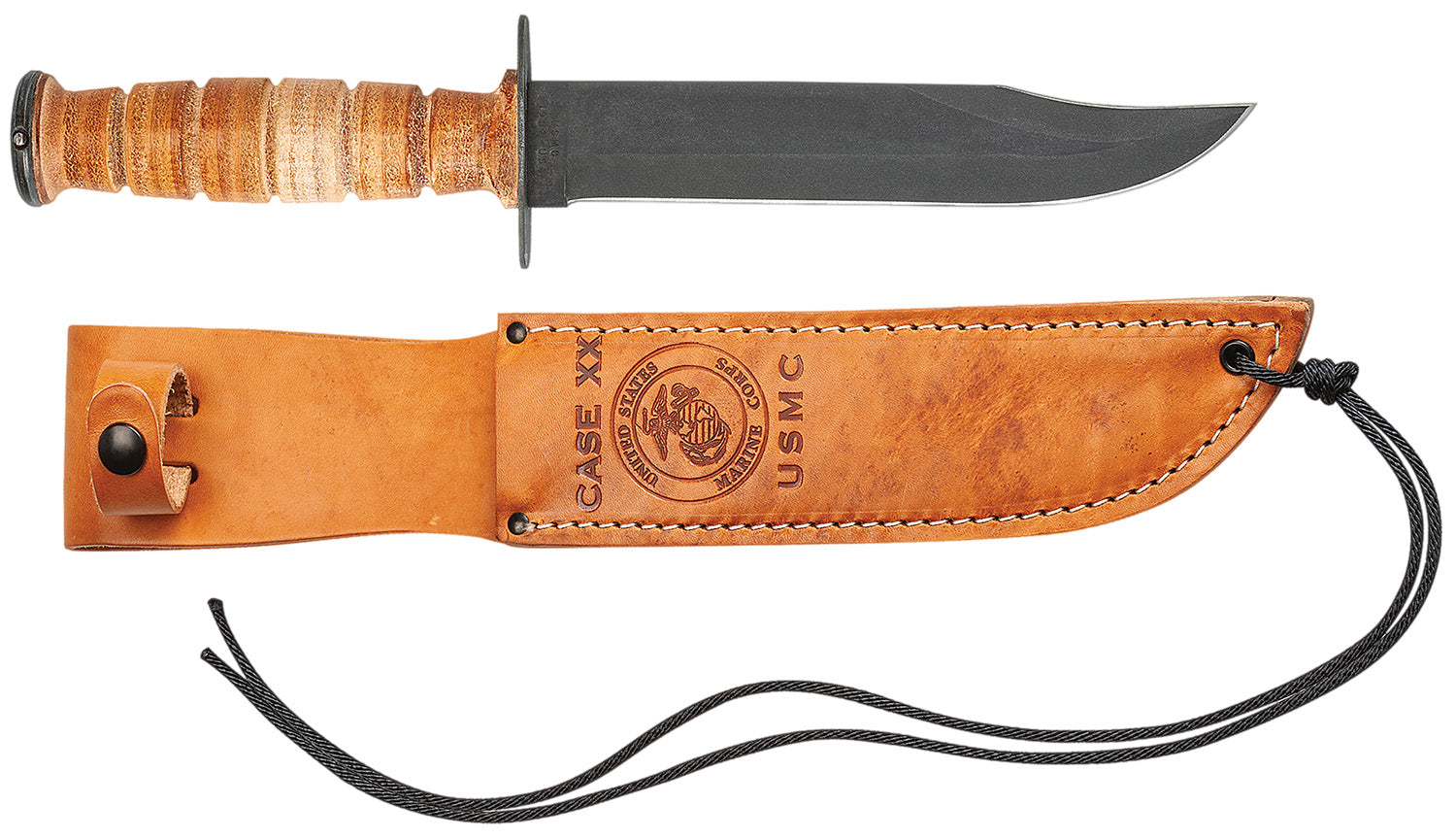 Case 00334 Fixed Blade USMC Knife, 7" Blackened Carbon Steel Clip Point, Grooved Leather Handle with Leather Sheath