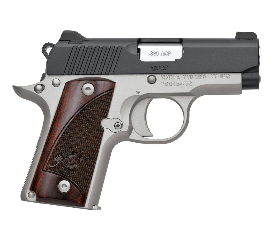Kimber Mfg.,inc 3300206 Micro Two-Tone NS 380 ACP 7+1 2.75" Matte Black Stainless Steel Slide Brush Polished Checkered Rosewood Grip