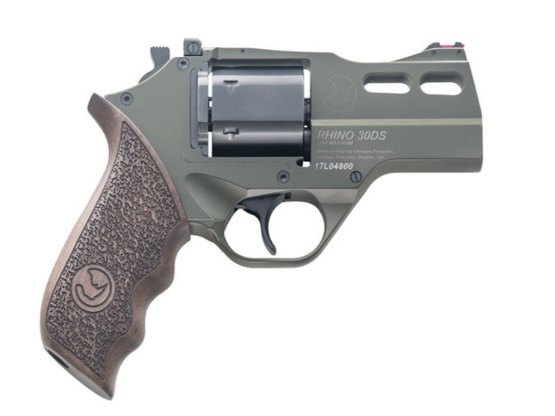 Chiappa Firearms 340285 Rhino 30DS Small Frame 357 Mag 6 Shot 3" Green Cerakote Steel Vent Rib Barrel, Blued Steel Cylinder, Green Cerakote Aluminum Frame, Walnut Grip, Concealed Hammer