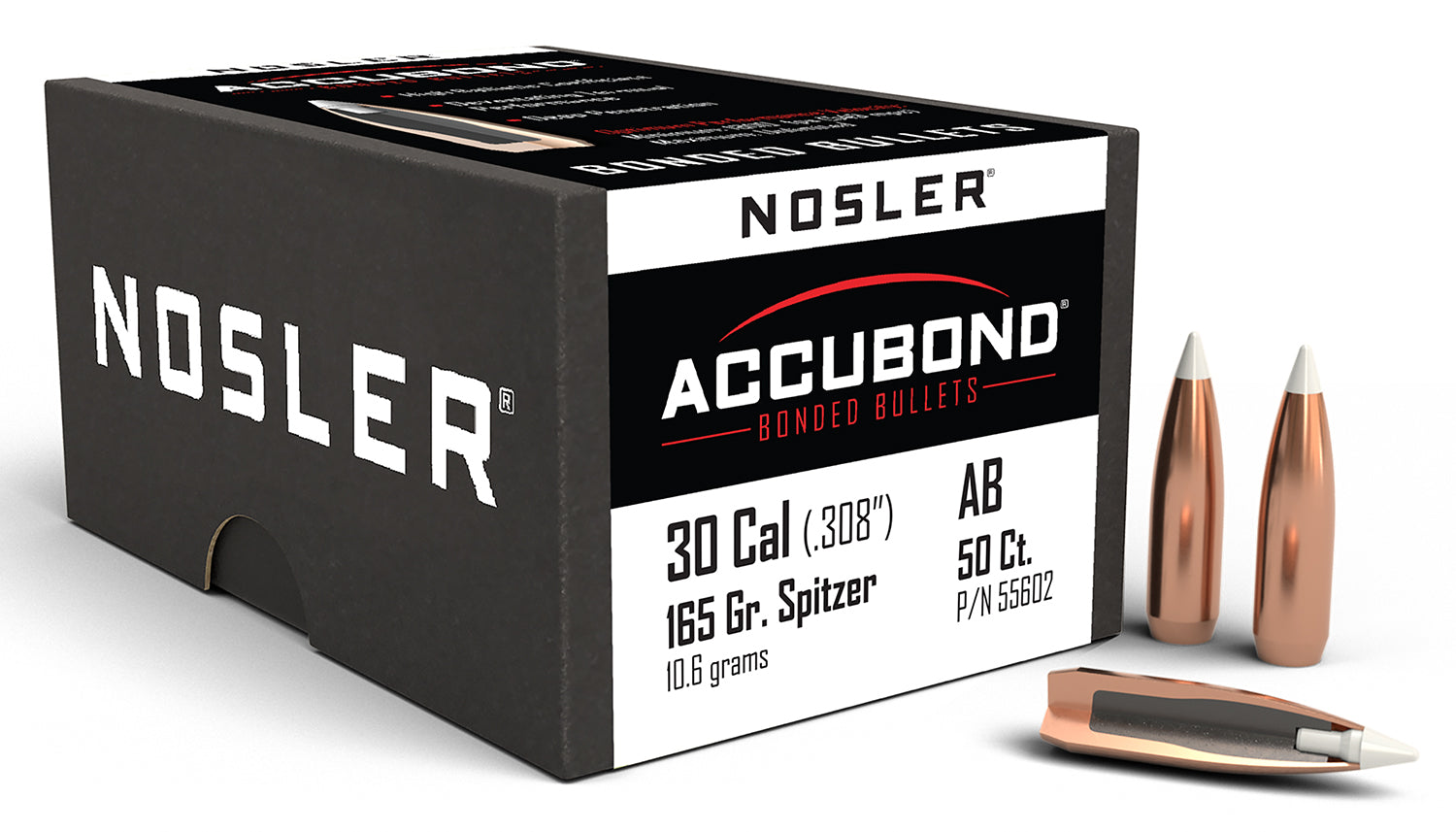 Nosler 55602 AccuBond 30 Cal 165gr Spitzer Point Hunting Bullets 50/Box