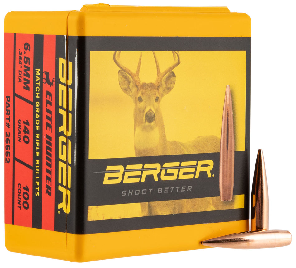 Berger Elite Hunter Match Grade 6.5mm 140gr Boat Tail Reloading Bullets 100/Box