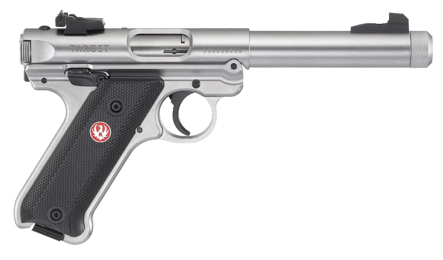 Ruger 40126 Mark IV Target 22 LR 10+1 5.50" Satin Threaded Bull Barrel, Drilled & Tapped Receiver, Satin Stainless Steel Frame, Black Checkered Polymer Grip, Right Hand