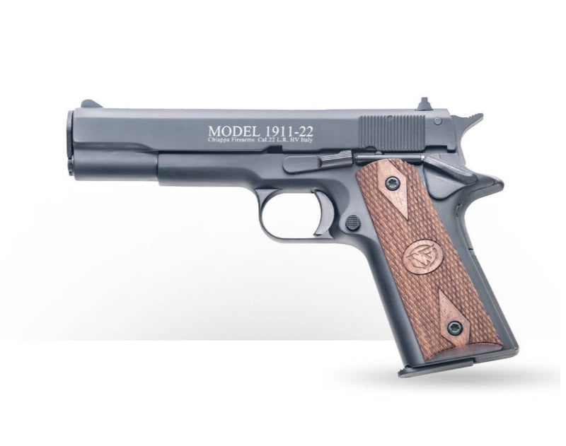 Chiappa Firearms 401038 1911-22 22 LR 10+1, 5" Black Steel Barrel, Blued Serrated Slide, Blued Aluminum Frame w/Beavertail, Stippled Walnut Grip, Manual Thumb Safety, Right Hand