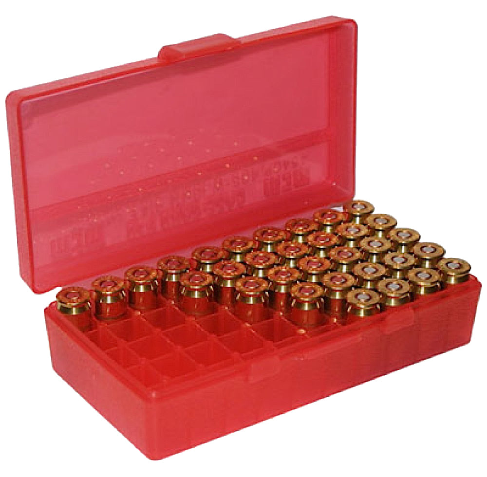 MTM P504529 P-50 Multi-Caliber 50rd Flip-Top Ammo Box Clear Red Polypropylene