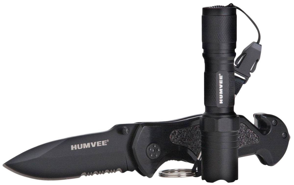 Humvee HMVKCER1 Rescue Combo Folding Knife 3.25" Part Serrated Blade Glass Breaker Seatbelt Cutter Black Handle w/ LED Flashlight