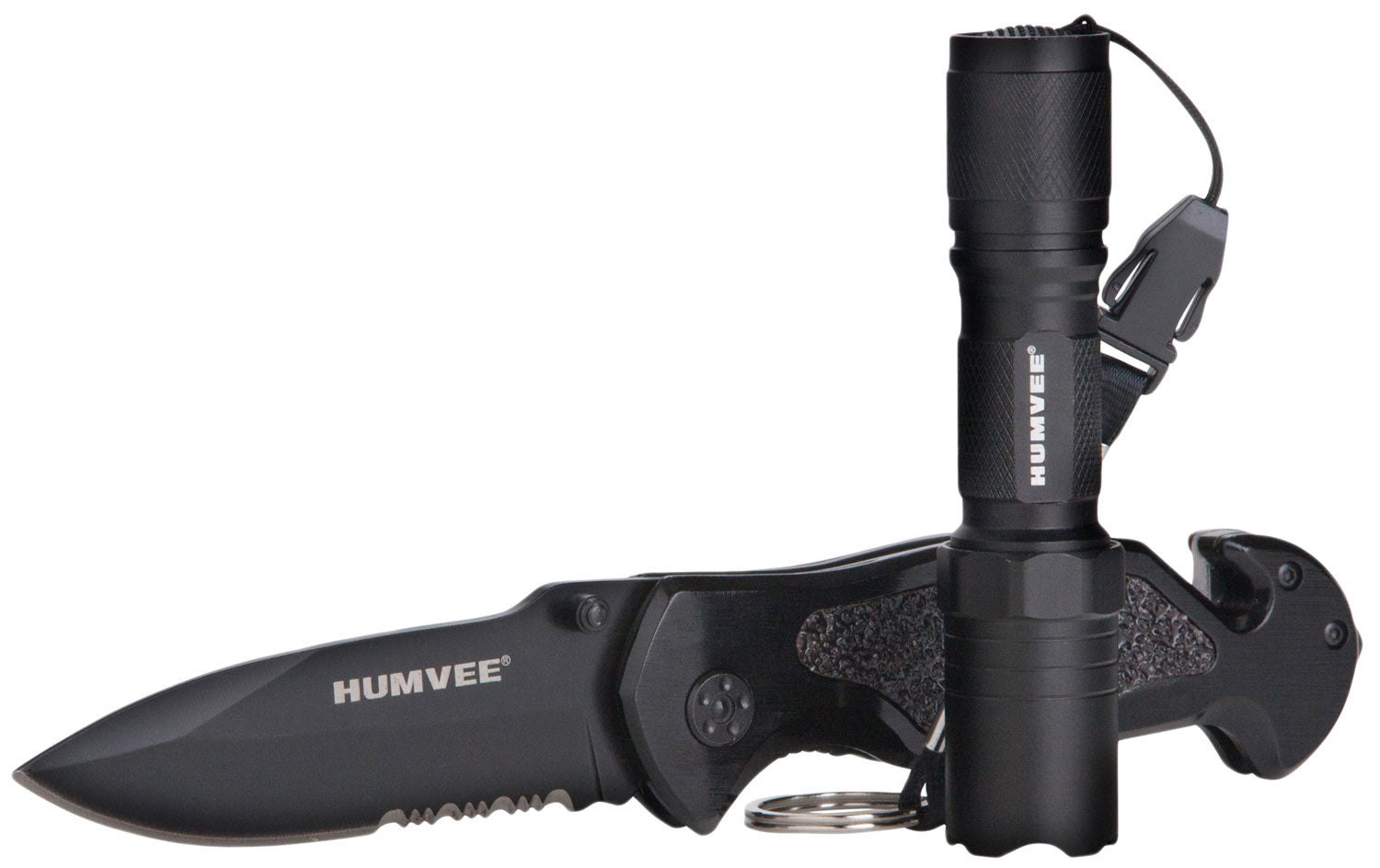 Humvee HMVKCER1 Rescue Combo Folding Knife 3.25" Part Serrated Blade Glass Breaker Seatbelt Cutter Black Handle w/ LED Flashlight