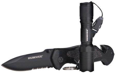 Humvee HMVKCER1 Rescue Combo Folding Knife 3.25" Part Serrated Blade Glass Breaker Seatbelt Cutter Black Handle w/ LED Flashlight