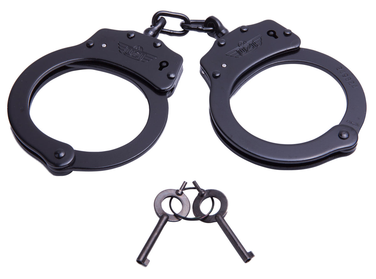 Uzi High Tensile Black Stainless Steel Handcuffs Double-Lock 2 Keys