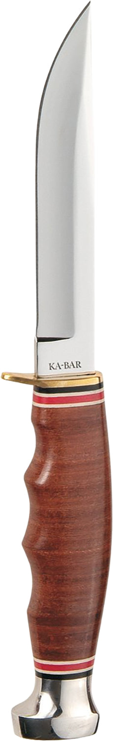 Ka-Bar 1232 Hunter 4" Fixed Clip Point Polished SS Blade, Stacked Leather Handle with Finger Grooves, Includes Sheath