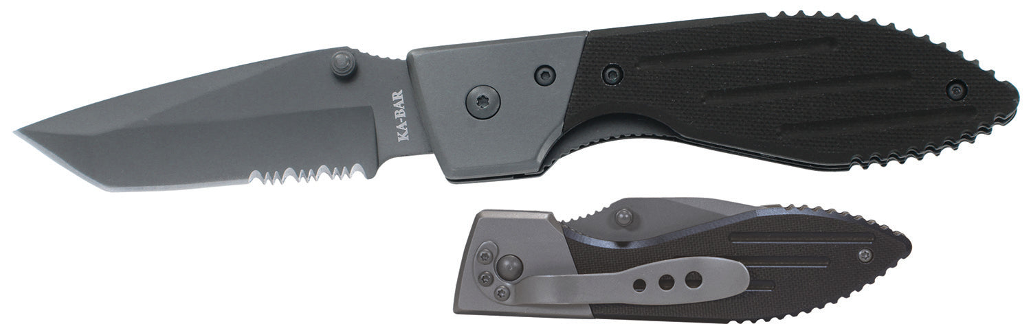 Ka-Bar 3075 Warthog 3" Tanto Folding Knife, Part Serrated 420HC Stainless Blade, Black G10 Handle, Includes Clip