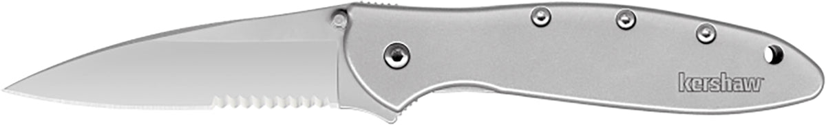 Kershaw Leek Serrated Folding Knife 3" Drop Point 14C28N Sandvik Blade, Bead Blasted 410 SS Handle with Clip