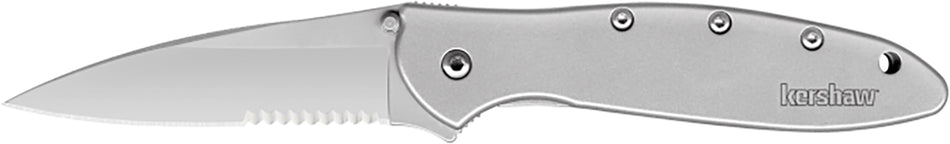 Kershaw Leek Serrated Folding Knife 3" Drop Point 14C28N Sandvik Blade, Bead Blasted 410 SS Handle with Clip