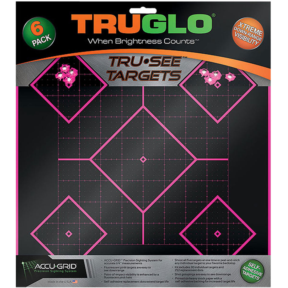TruGlo TG14P6 Tru-See Self-Adhesive Pink Halo 5-Diamond Paper Shooting Targets 6 Pack