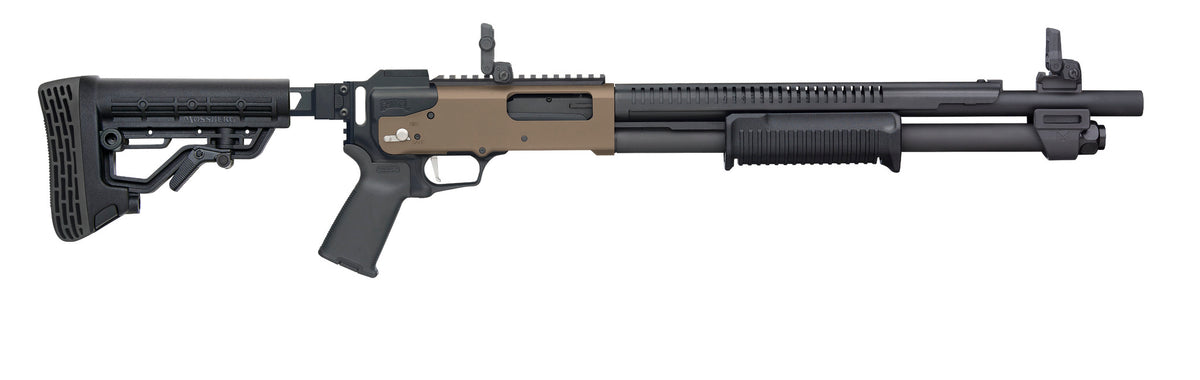 Mossberg 50233 590R 12 Gauge Pump 3" 6+1 18.50" Black Parkerized Integrated Heat Shield Barrel, Flat Dark Earth Cerakote Receiver w/Picatinny Rail, Black Chisel Folding Synthetic Stock, Black Magpul