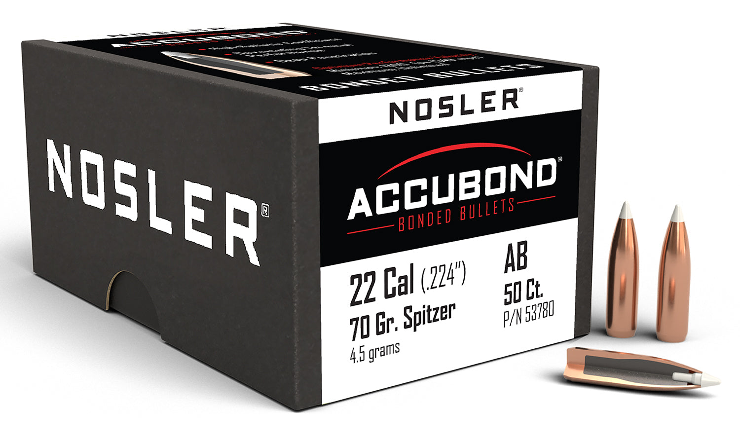 Nosler AccuBond 22 Cal 70gr Spitzer Point Bullets 50/Box