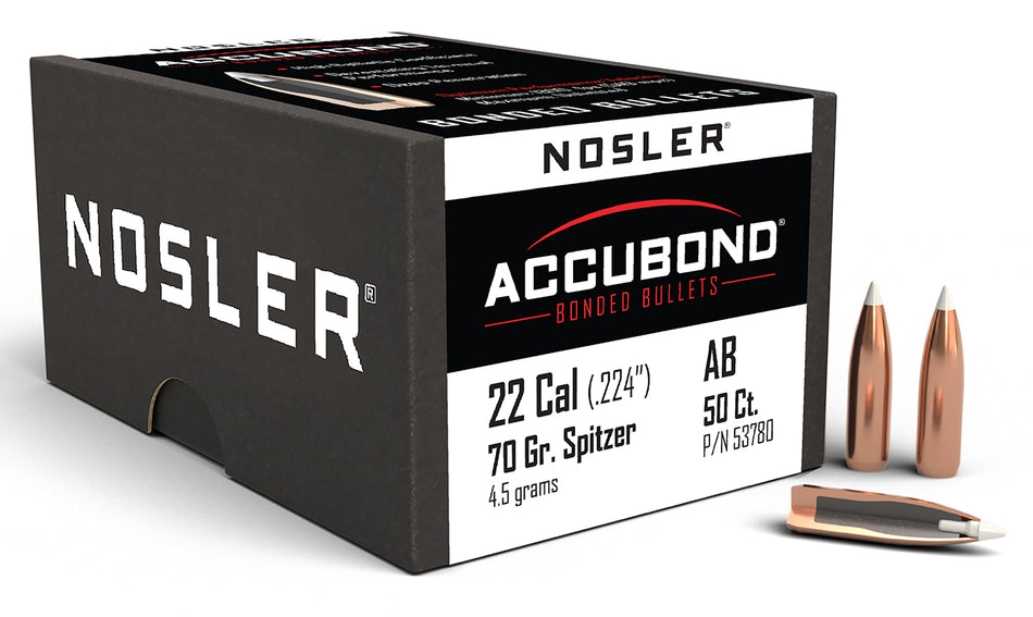 Nosler AccuBond 22 Cal 70gr Spitzer Point Bullets 50/Box