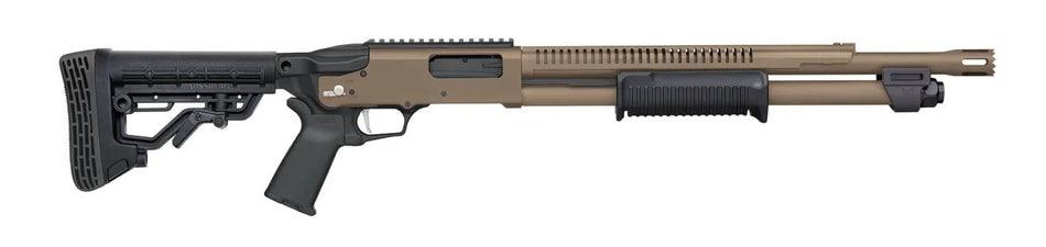 Mossberg 50756 590R 12 Gauge Pump 3" 6+1 18.50" Flat Dark Earth Cerakote Heat Shield Barrel, Flat Dark Earth Cerakote Steel Receiver, Black AR Mil-Spec Adjustable Synthetic Stock, Black Magpul Grip