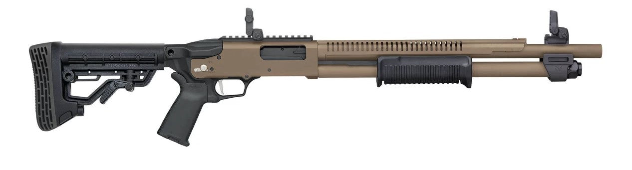 Mossberg 50758 590R 12 Gauge Pump 3" 6+1 18.50" Flat Dark Earth Cerakote Heat Shield Barrel, Flat Dark Earth Cerakote Steel Receiver, Black AR Mil-Spec Adjustable Synthetic Stock, Black Magpul Grip