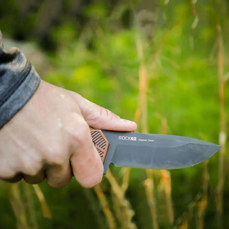 WOOX Rock62 Fixed Blade Mil-Spec Black Knife Checkered American Walnut Handle