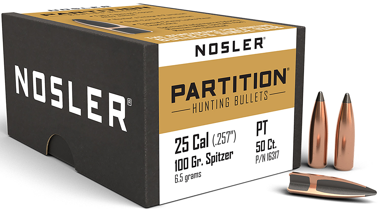 Nosler Partition 25 Cal 100gr Spitzer Hunting Bullets 50/Box