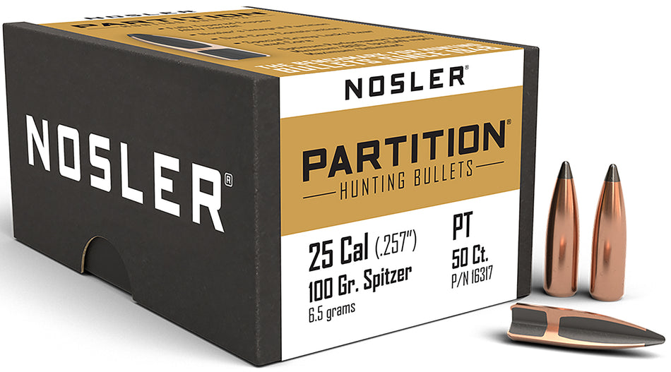 Nosler Partition 25 Cal 100gr Spitzer Hunting Bullets 50/Box