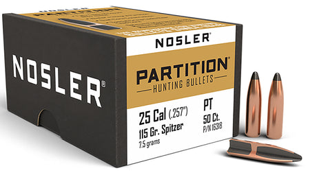 Nosler Partition 25 Cal 115gr Spitzer Hunting Bullets 50/Box