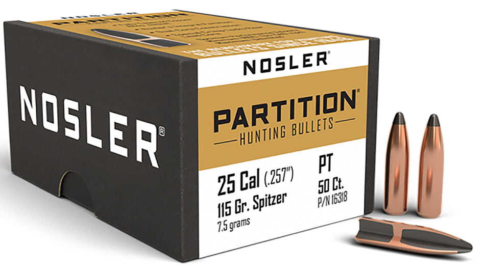 Nosler Partition 25 Cal 115gr Spitzer Hunting Bullets 50/Box