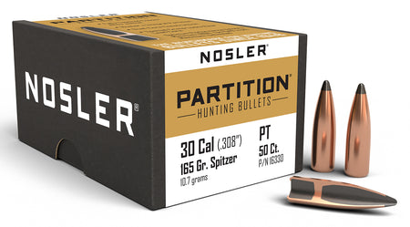 Nosler Partition 30 Cal 165gr Spitzer Hunting Bullets 50/Box