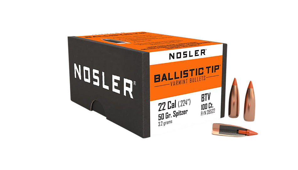 Nosler Ballistic Tip Varmint 22 Cal 50gr Spitzer Reloading Bullets 100/Box