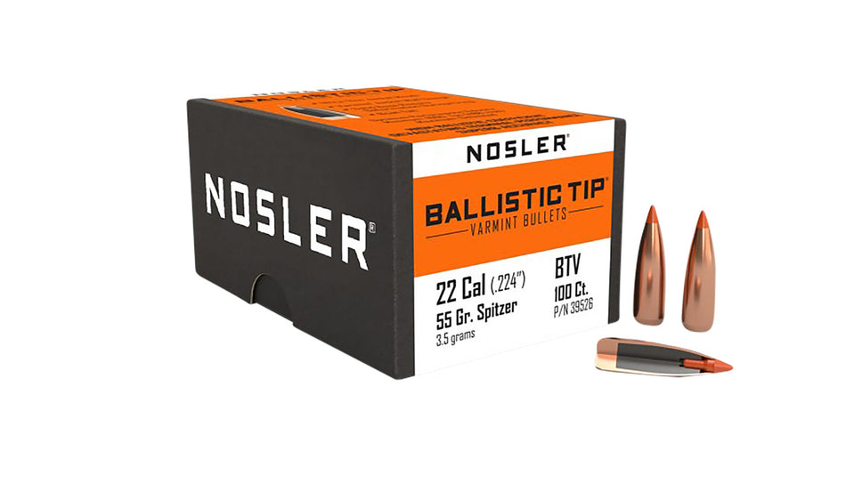 Nosler Ballistic Tip Varmint 22 Cal 55gr Spitzer Reloading Bullets 100/Box