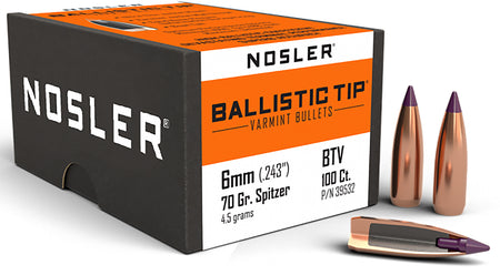 Nosler Ballistic Tip Varmint 6mm 70gr Spitzer Reloading Bullets 100/Box
