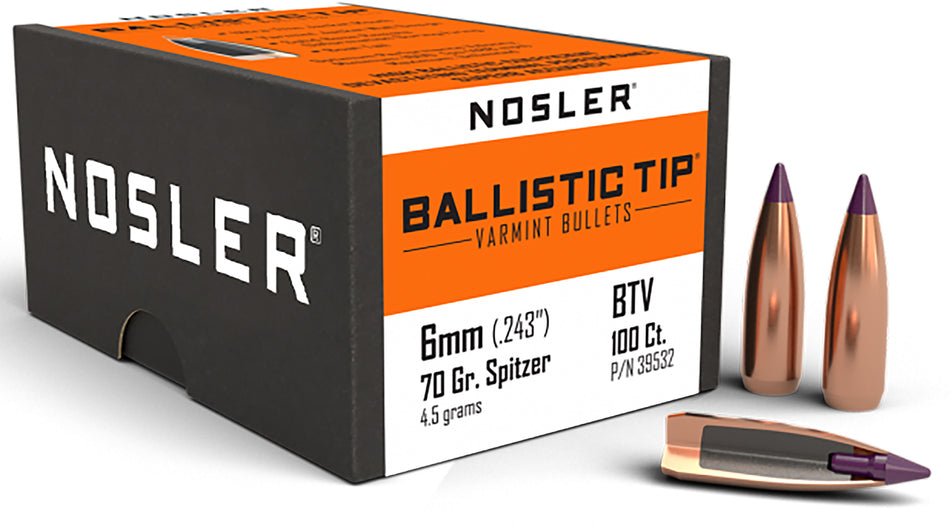 Nosler Ballistic Tip Varmint 6mm 70gr Spitzer Reloading Bullets 100/Box