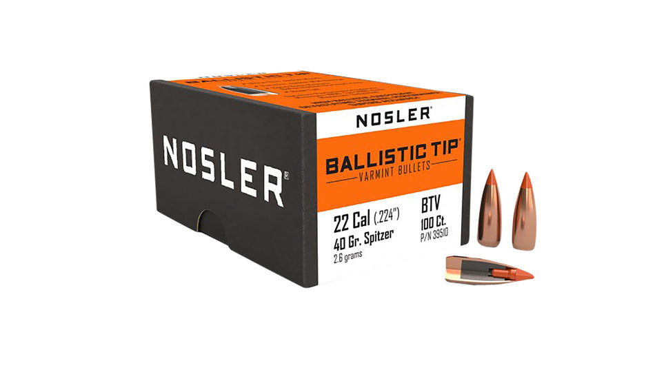 Nosler Ballistic Tip Varmint 22 Cal 40gr Spitzer Reloading Bullets 100/Box