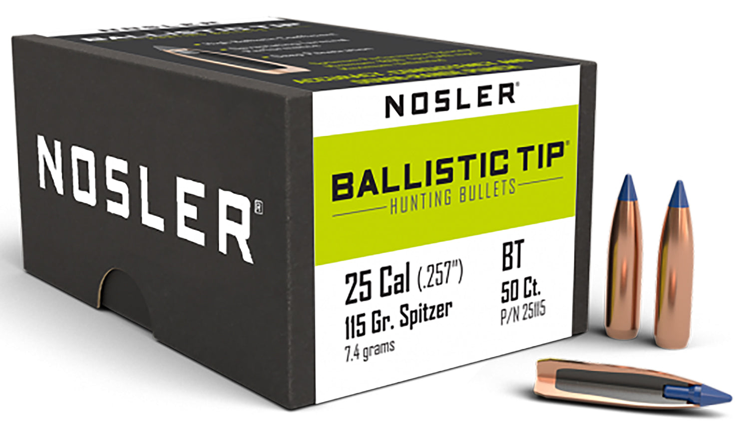 Nosler Ballistic Tip Hunting 25 Cal 115gr Spitzer Reloading Bullets 50/Box