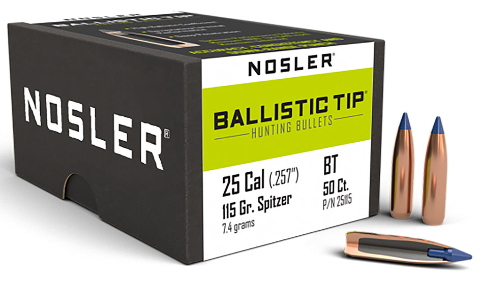 Nosler Ballistic Tip Hunting 25 Cal 115gr Spitzer Reloading Bullets 50/Box