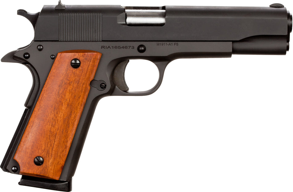 Rock Island 51421 GI Standard FS *CA Compliant 45 ACP Caliber with 5" Barrel, 8+1 Capacity, Overall Black Parkerized Finish Steel, Beavertail Frame, Serrated Slide & Wood Grip