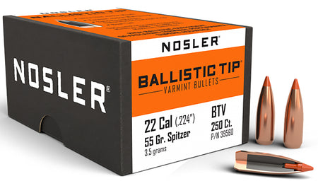 Nosler Ballistic Tip Varmint 22 Cal 55gr Spitzer Reloading Bullets 250/Box