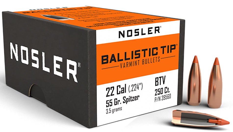 Nosler Ballistic Tip Varmint 22 Cal 55gr Spitzer Reloading Bullets 250/Box