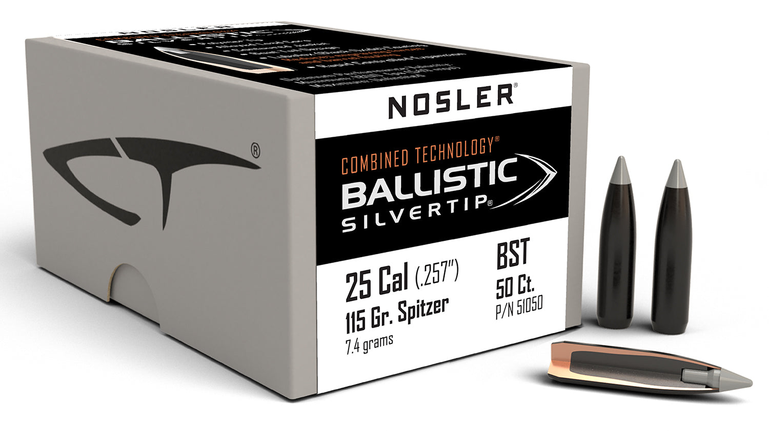 Nosler Ballistic Silvertip 25 Cal 115gr Spitzer Reloading Bullets 50/Box