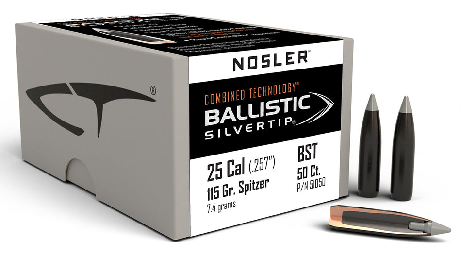 Nosler Ballistic Silvertip 25 Cal 115gr Spitzer Reloading Bullets 50/Box