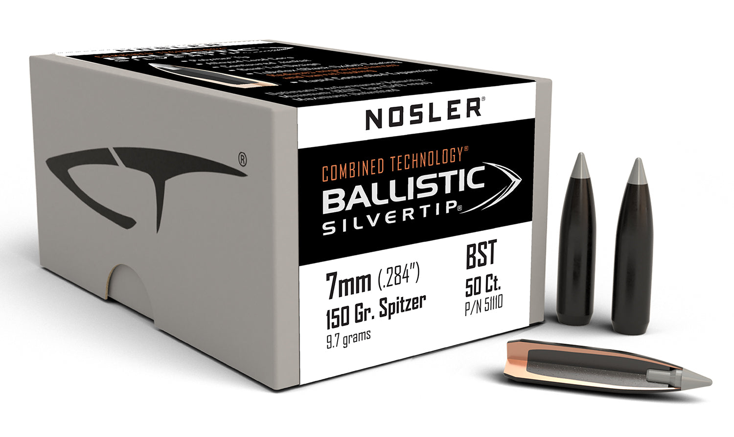 Nosler Ballistic Silvertip 7mm 150gr Spitzer Reloading Bullets 50/Box