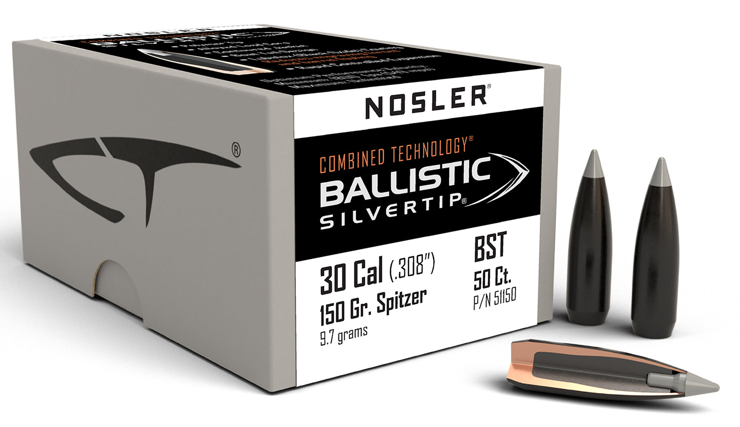 Nosler Ballistic Silvertip 30 Cal 150gr Spitzer Reloading Bullets 50/Box