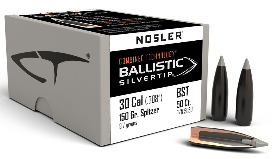 Nosler Ballistic Silvertip 30 Cal 150gr Spitzer Reloading Bullets 50/Box