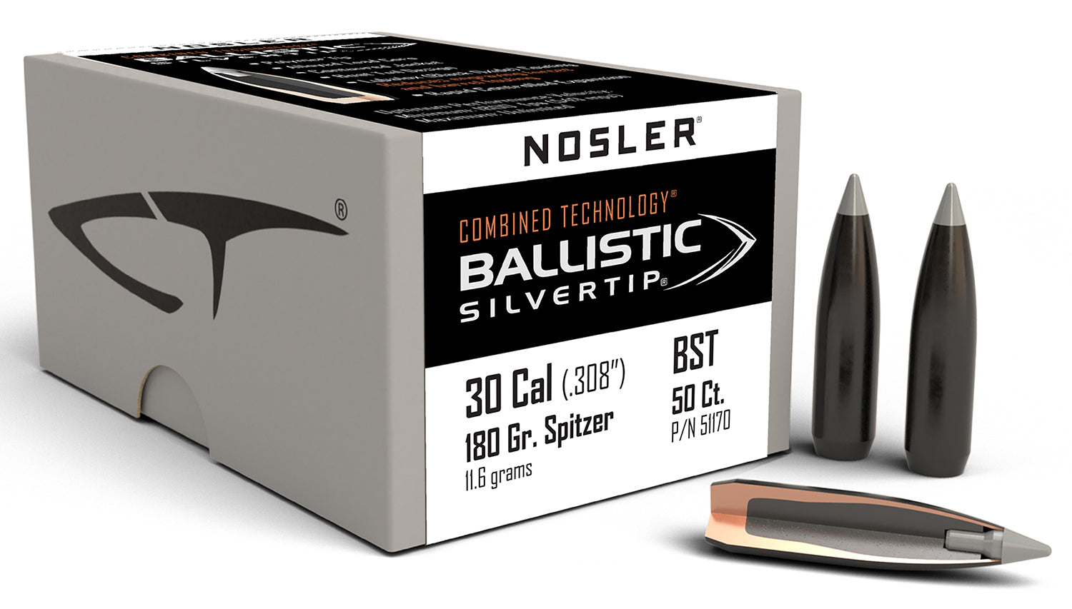 Nosler Ballistic Silvertip 30 Cal 180gr Spitzer Point Reloading Bullets 50/Box