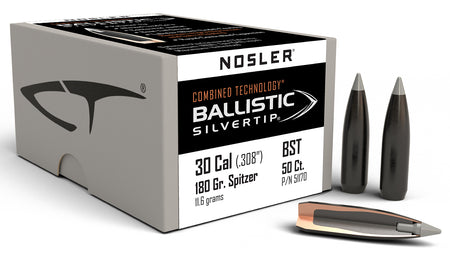 Nosler Ballistic Silvertip 30 Cal 180gr Spitzer Point Reloading Bullets 50/Box