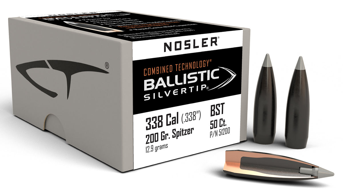 Nosler Ballistic Silvertip 338 Cal 200gr Spitzer Point Reloading Bullets 50/Box