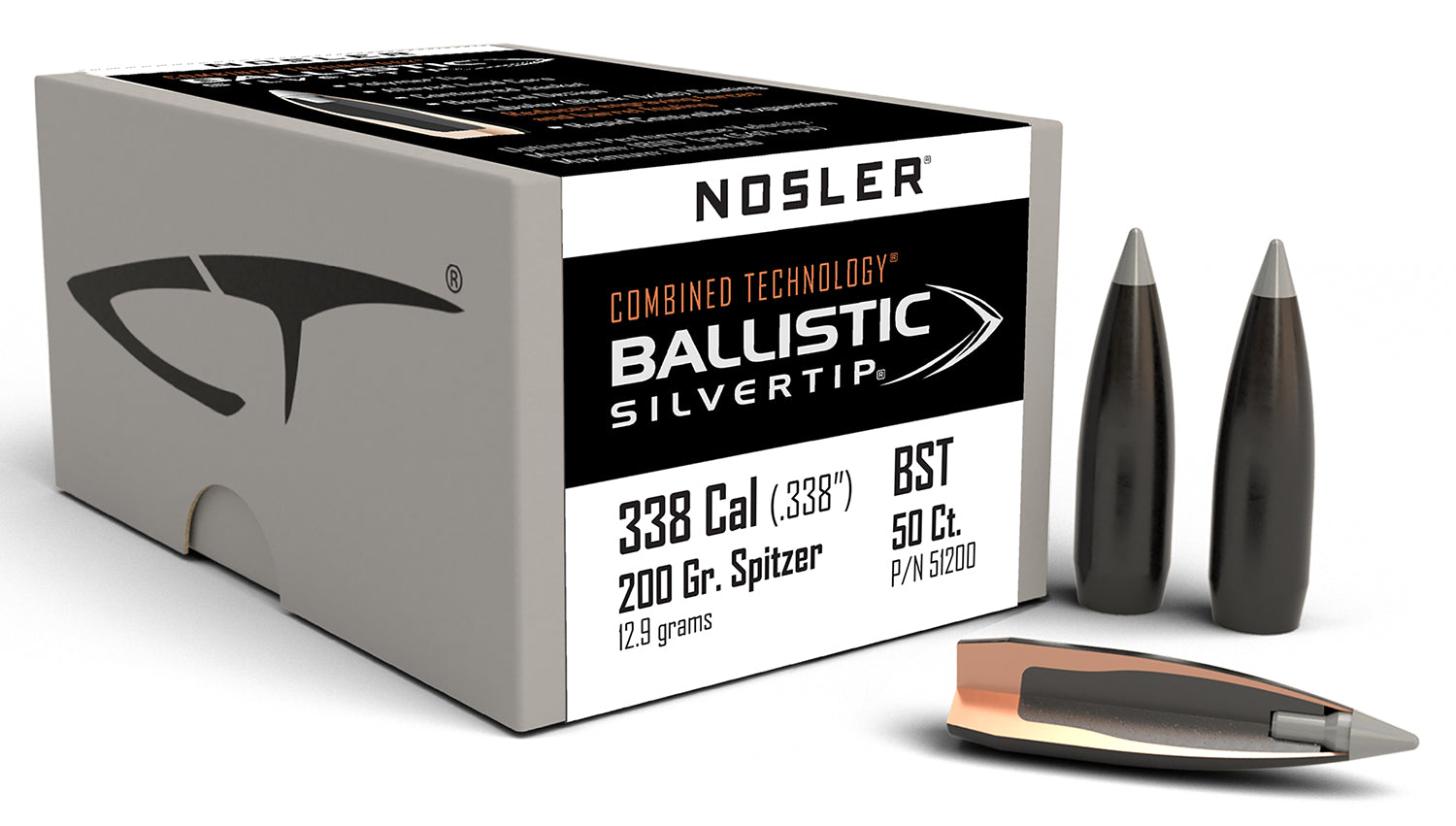 Nosler Ballistic Silvertip 338 Cal 200gr Spitzer Point Reloading Bullets 50/Box
