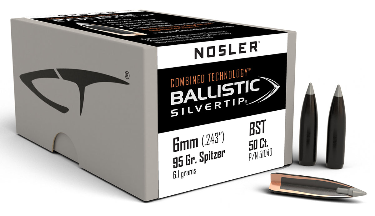 Nosler Ballistic Silvertip 6mm 95gr Spitzer Point Reloading Bullets 50/Box
