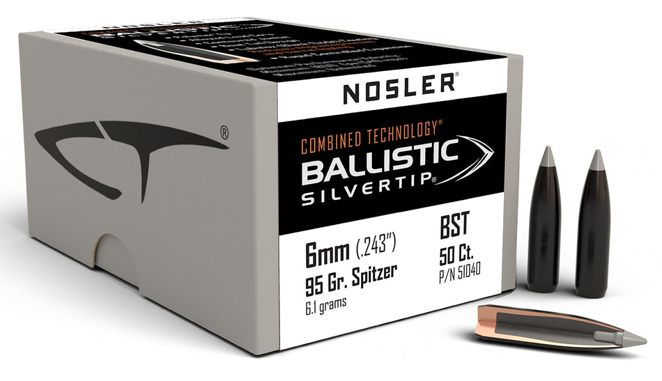 Nosler Ballistic Silvertip 6mm 95gr Spitzer Point Reloading Bullets 50/Box
