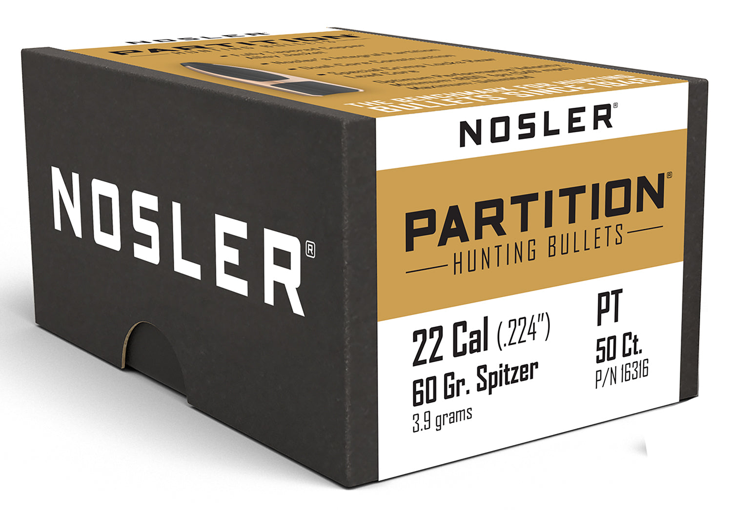 Nosler Partition 22 Cal 60gr Spitzer Reloading Bullets 50/Box